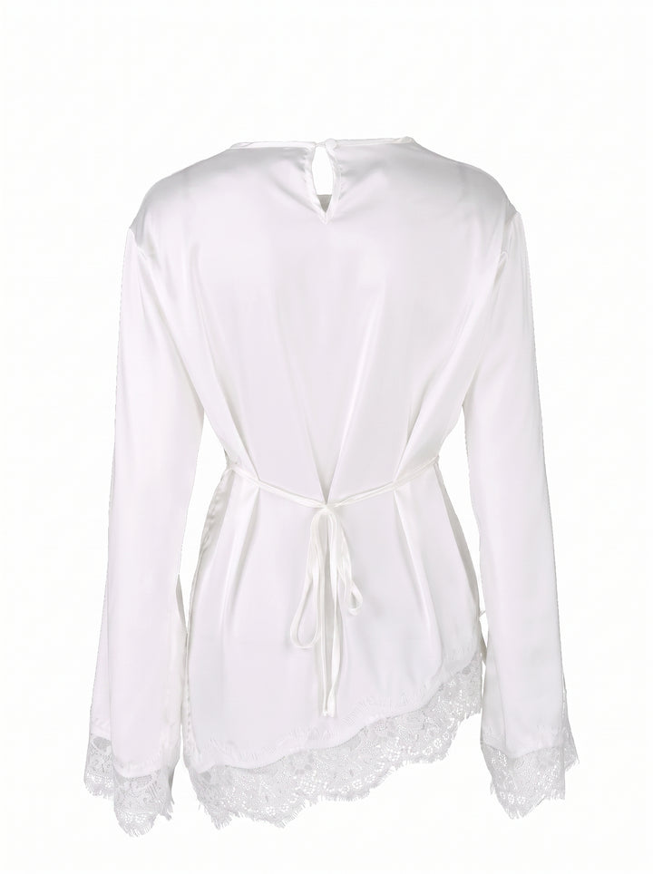 Elegant Lace Trim Satin Blouse