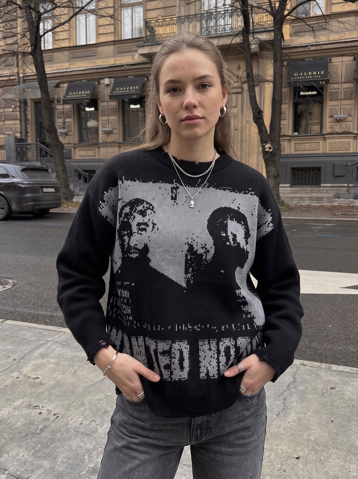 Oversized Distressed Graphic Pullover Sweater