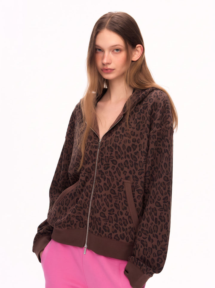 Leopard Print Cropped Zip Up Hoodie