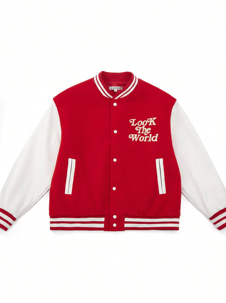 Oversized Colorblock Embroidered Varsity Jacket
