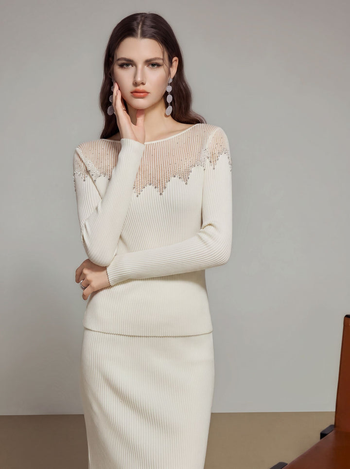 Embellished Sheer Neck Ribbed Pullover Sweater