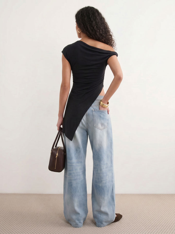 Asymmetric Ruched One Shoulder Tank Top