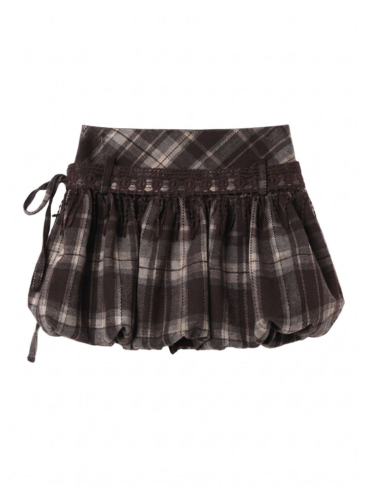 Plaid Lace Trim Bubble Mini Skirt