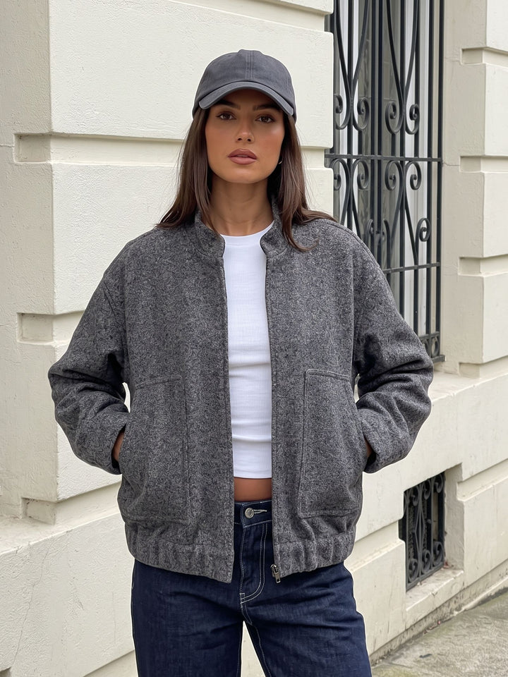 Cozy Brushed Wool Blend Bomber Jacket
