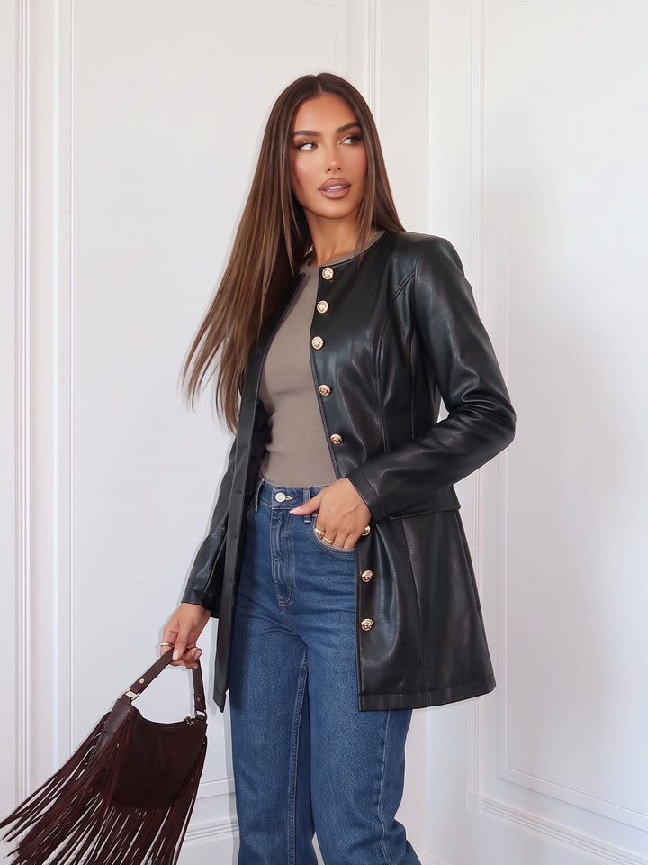 Elegant Gold Button Faux Leather Jacket