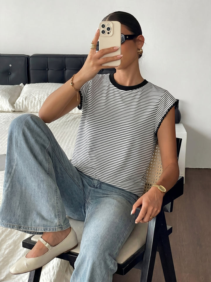 Lace Trim Striped Fitted T-Shirt