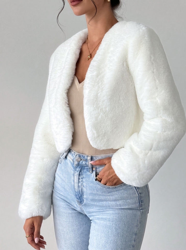 Elegant Cropped White Faux Fur Jacket