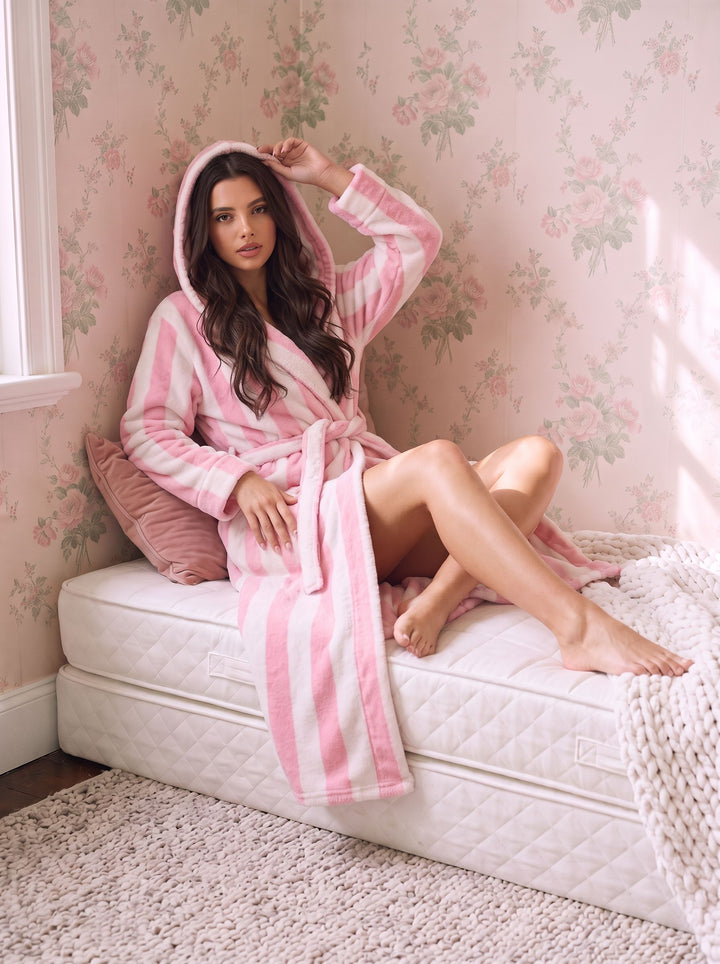 Plush Striped Soft Women Bathrobe