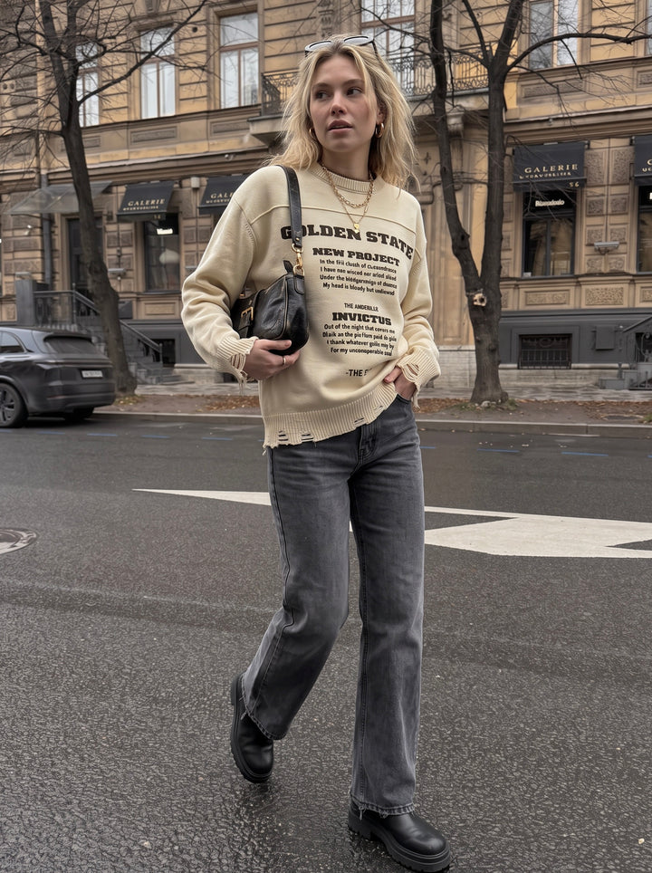 Oversized Distressed Graphic Pullover Sweater