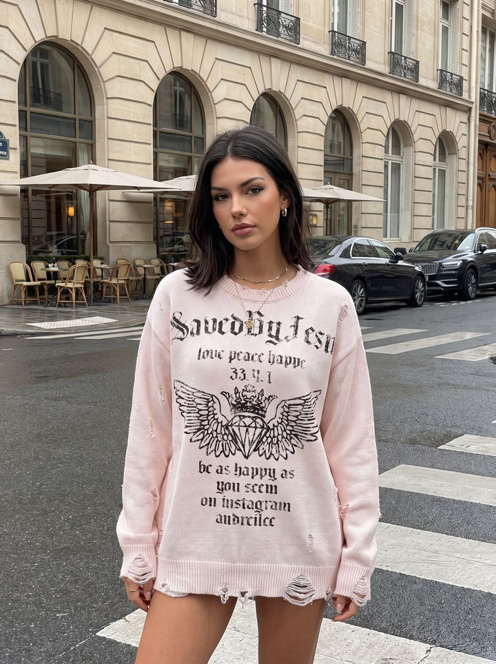 Distressed Graphic Oversized Knit Sweater