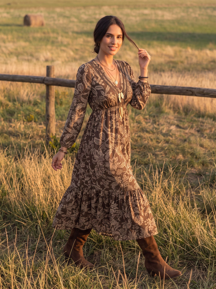 Boho Floral V Neck Midi Dress