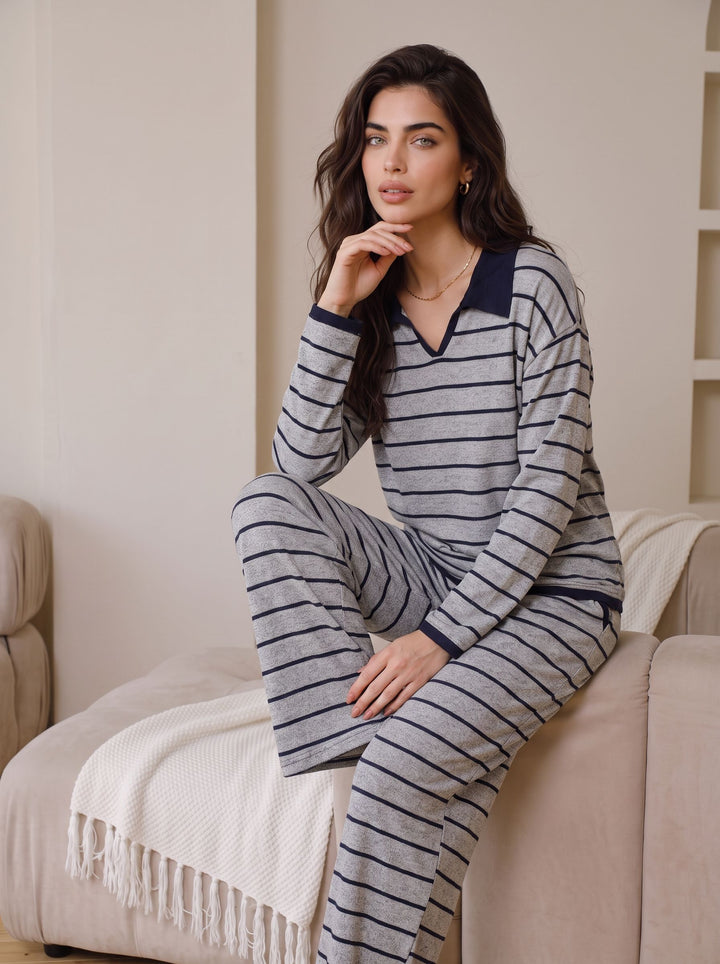 Cozy Striped Collared Loungewear Pajama Set