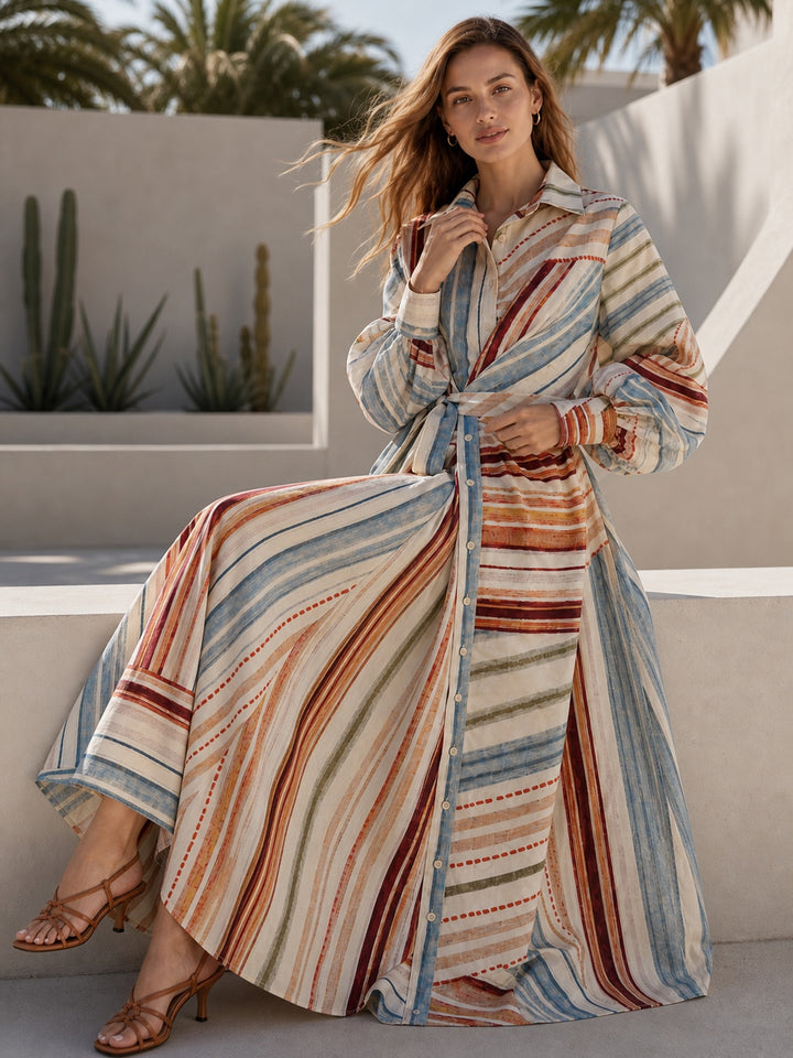 Striped Balloon Sleeve Midi Shirt Dress