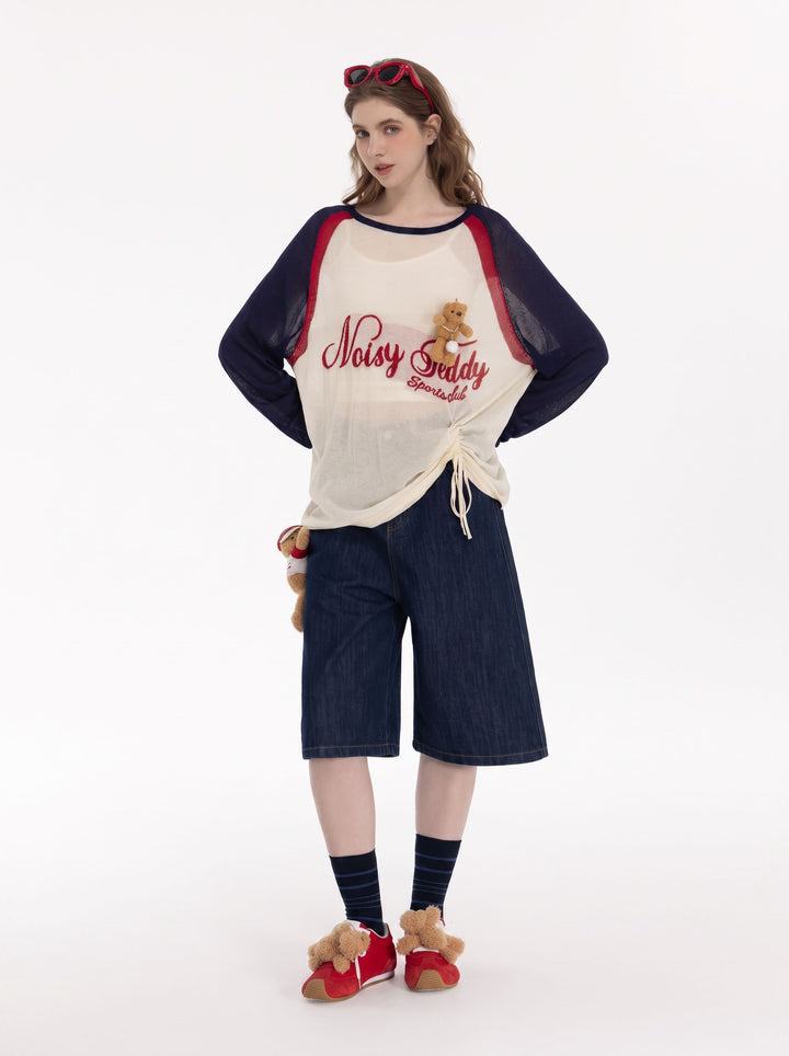 Graphic Raglan Drawstring Knitted Sweater
