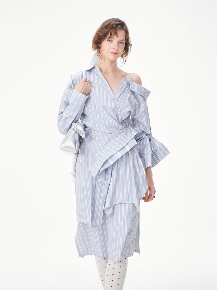 Asymmetrical Striped Cold Shoulder Shirt Dress