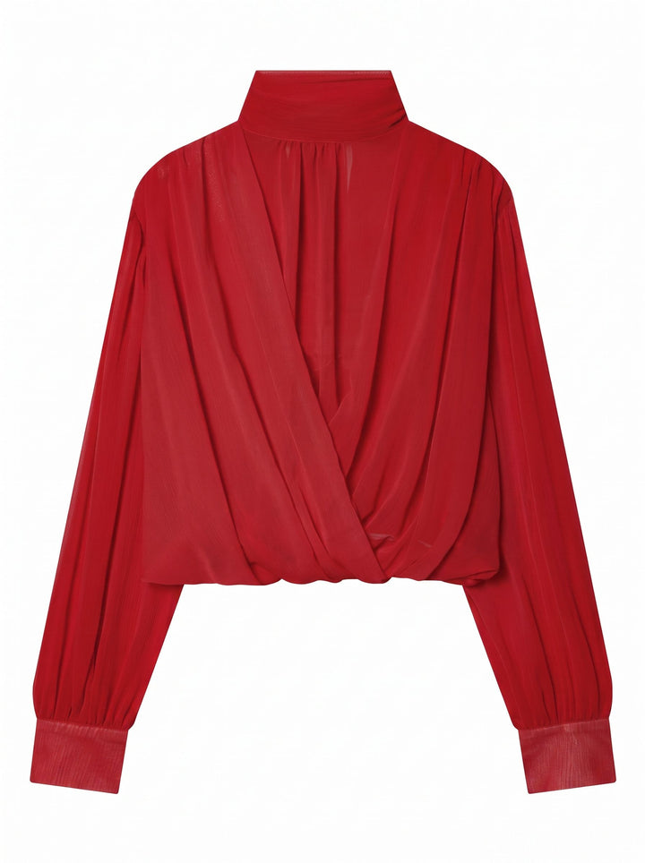 Elegant Draped Mock Neck Chiffon Blouse