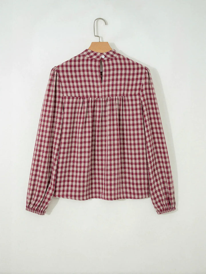 Plaid Smocked Mock Neck Blouse