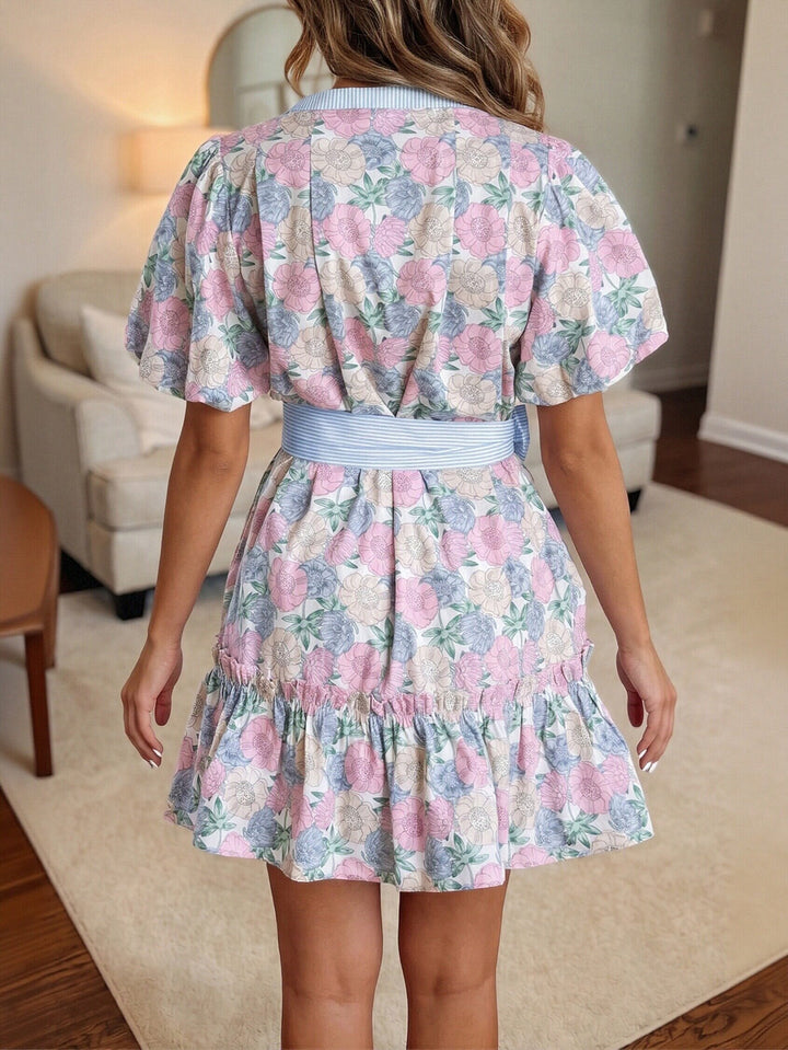 Floral Print Tie Waist Mini Dress