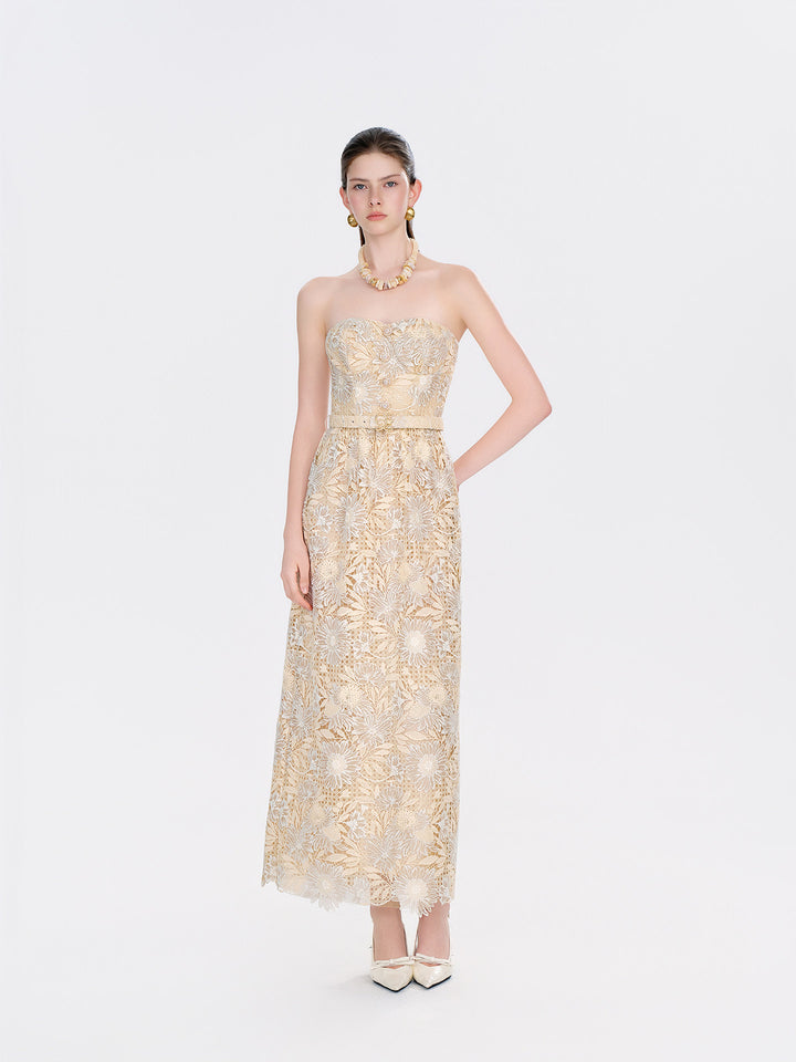 Strapless Floral Lace Belted Maxi Dress