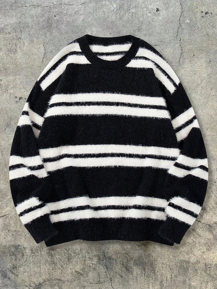 Soft Fuzzy Striped Crewneck Sweater