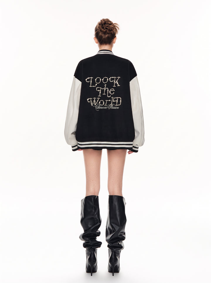 Oversized Colorblock Embroidered Varsity Jacket