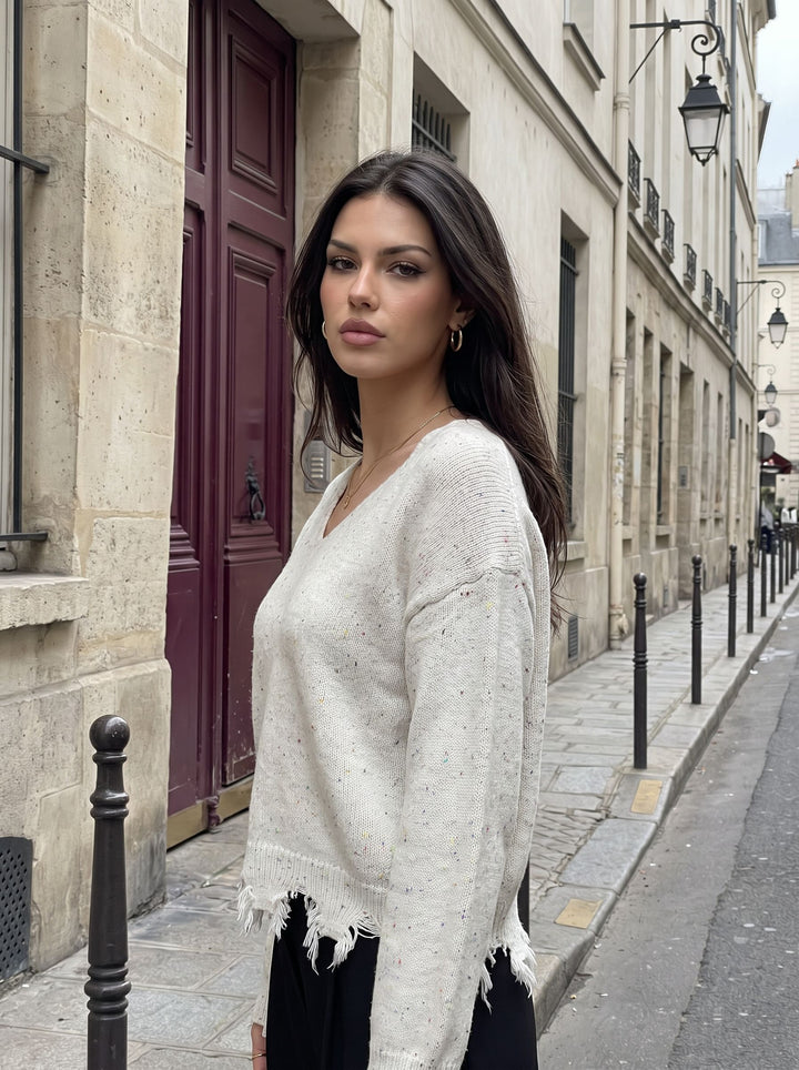Distressed Speckled V Neck Sweater