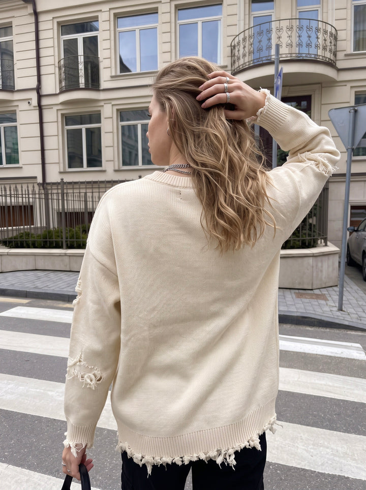 Distressed Oversized Graphic Knit Sweater