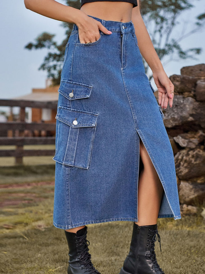 High Slit Cargo Denim Skirt