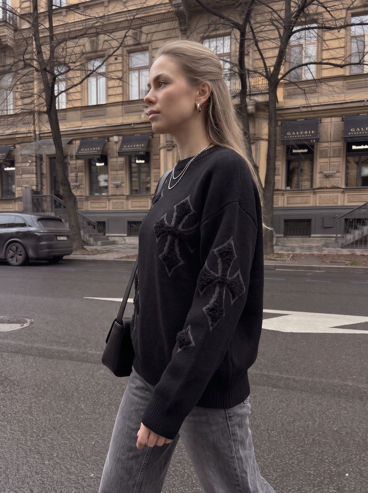 Oversized Gothic Cross Graphic Knit Sweater
