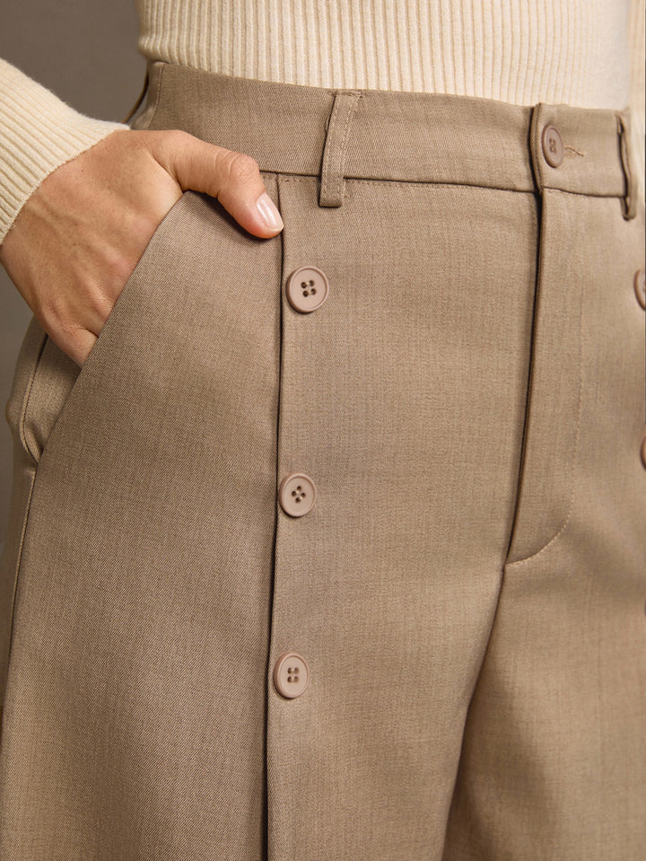 High Waisted Button Detail Wide Leg Pants