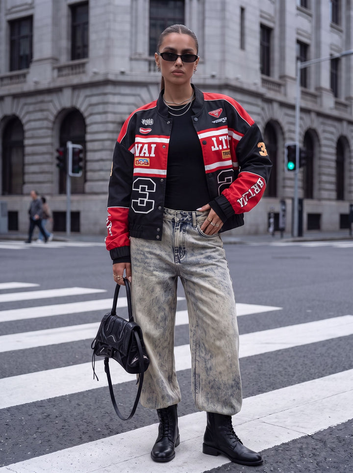 Oversized Graphic Racing Varsity Jacket