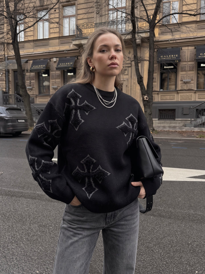 Oversized Gothic Cross Graphic Knit Sweater
