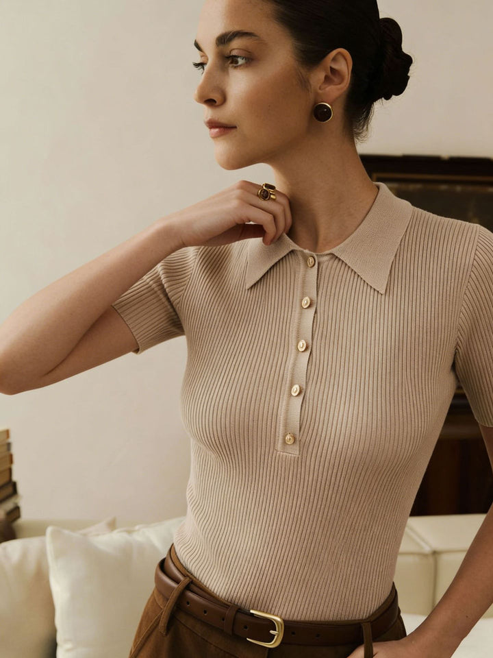 Ribbed Collared Button Front Knit Sweater