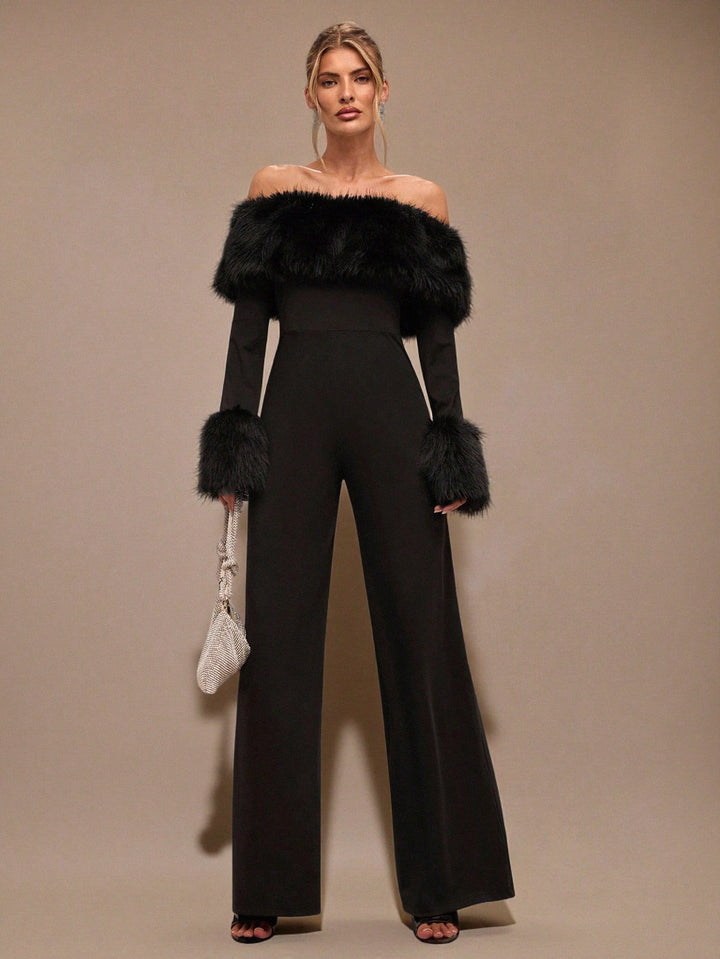 Faux Fur Off Shoulder Jumpsuit