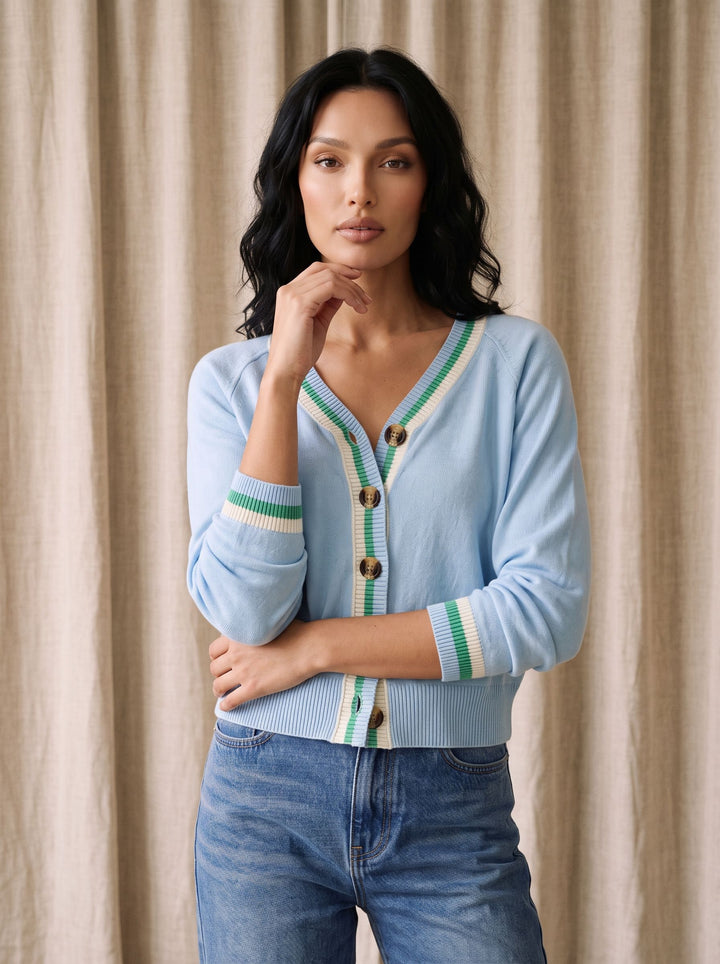 Cropped Varsity Trim Knit Cardigan