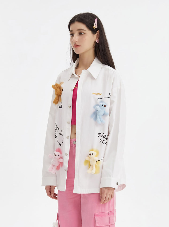 Whimsical Teddy Bear Graphic Button Shirt