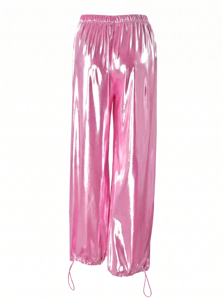 Metallic Satin Drawstring Wide Leg Pants