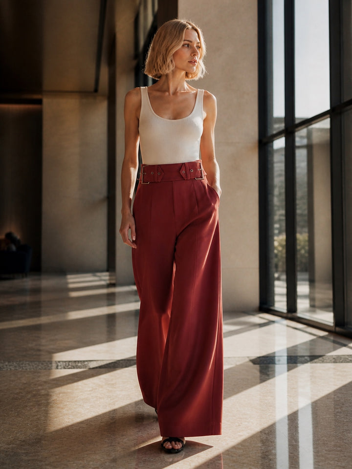 High Waisted Belted Wide Leg Pants