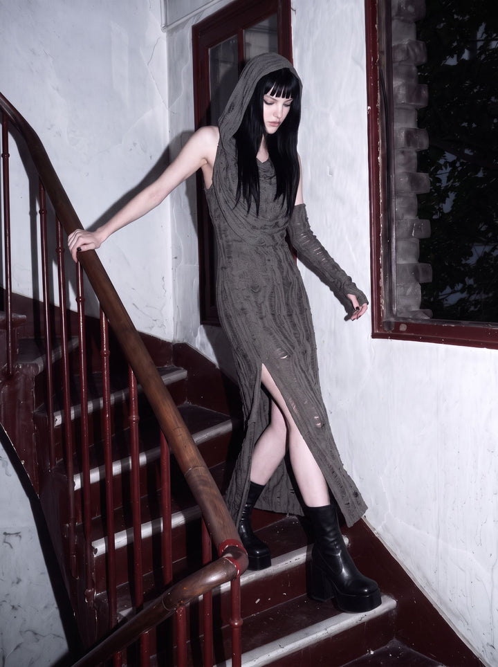 Distressed Hooded Slit Maxi Dress