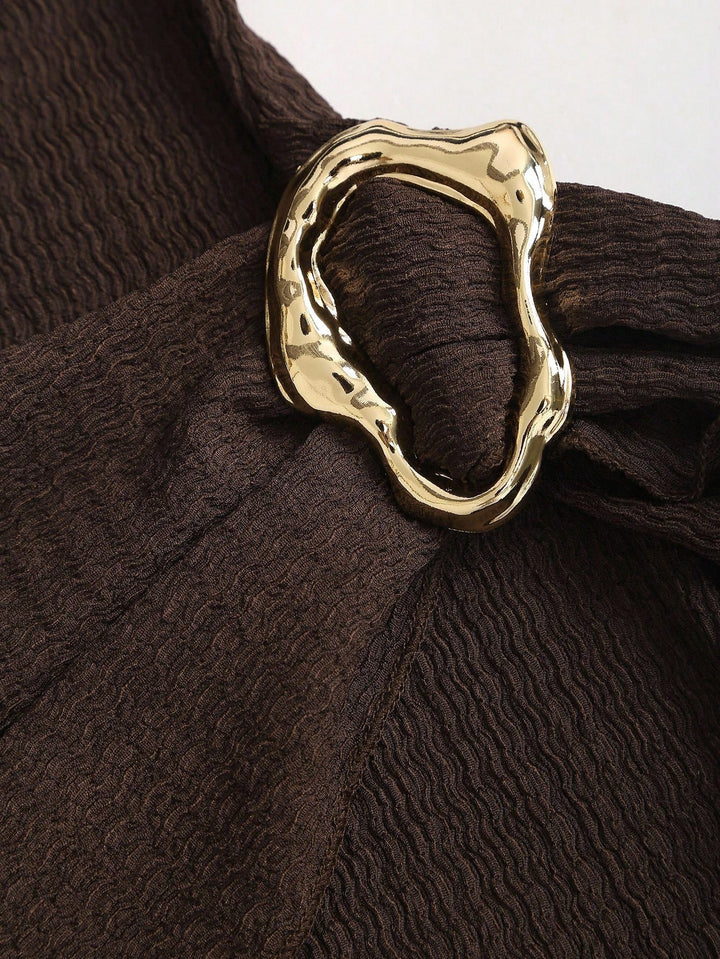 Textured Ruched Buckle Detail Mini Dress