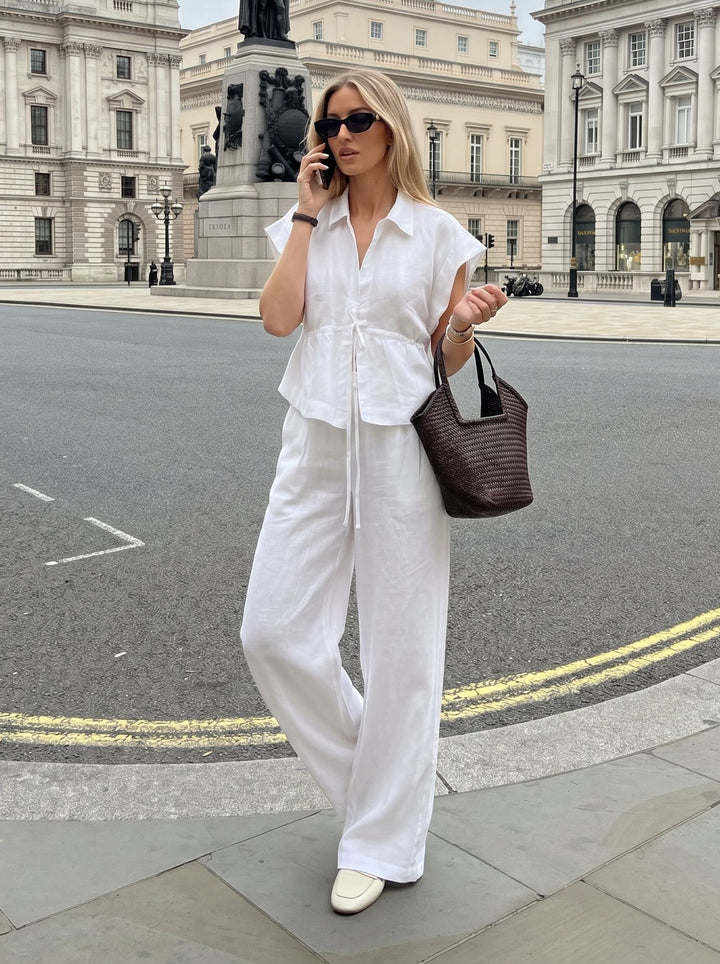 Casual Linen Drawstring Wide Leg Set