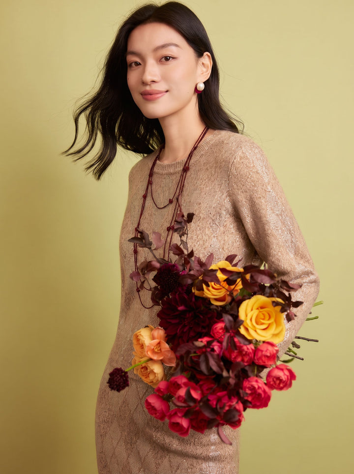 Shimmer Argyle Knit Crewneck Sweater