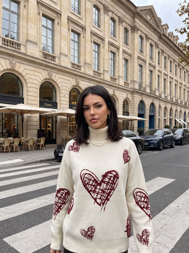 Cozy Heart Print Turtleneck Sweater
