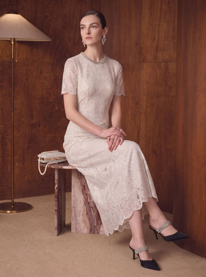 Elegant Beaded Lace Midi Dress