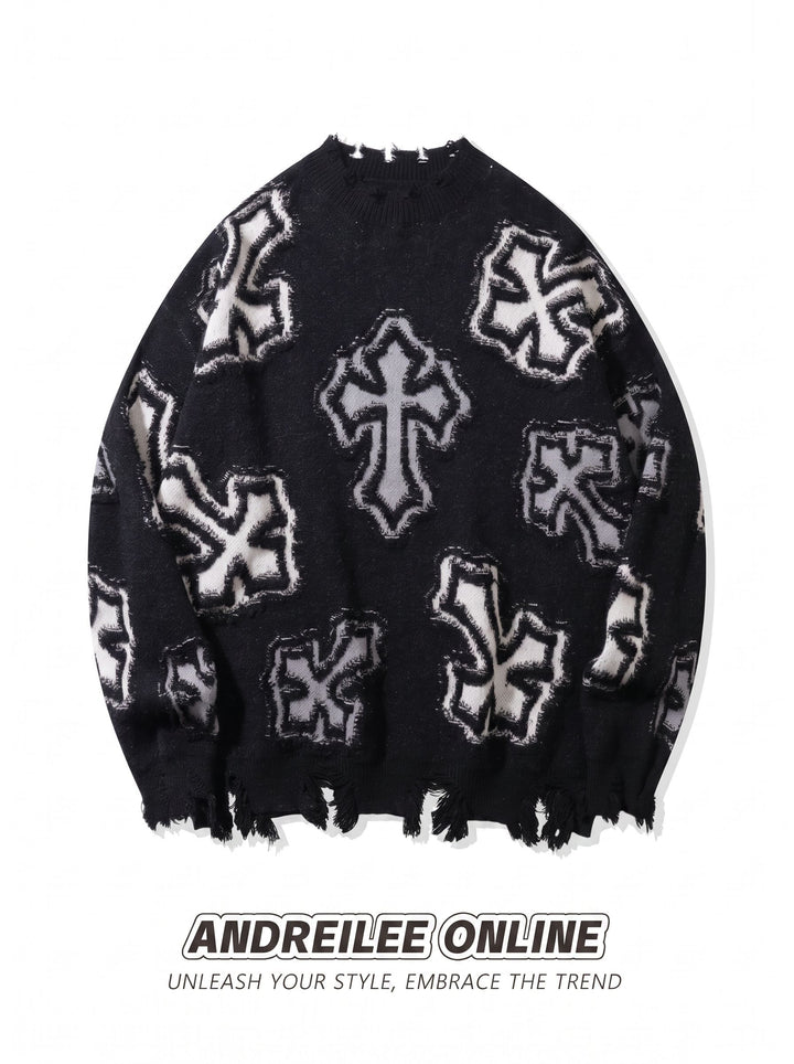 Distressed Grunge Cross Print Sweater