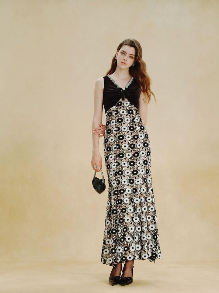 Embellished Velvet Floral Lace Maxi Dress