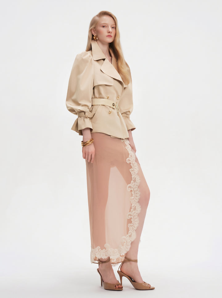 Puff Sleeve Belted Cropped Trench Coat