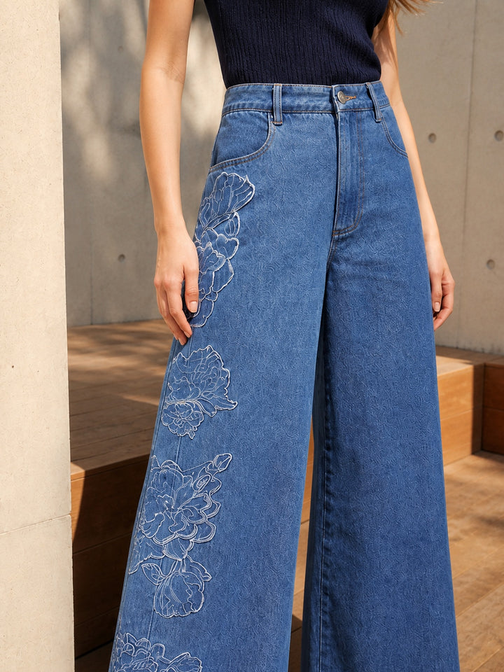 Embroidered High Waisted Wide Leg Jeans