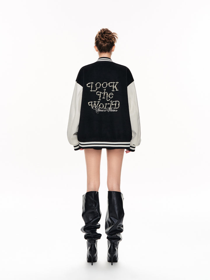 Oversized Colorblock Embroidered Varsity Jacket