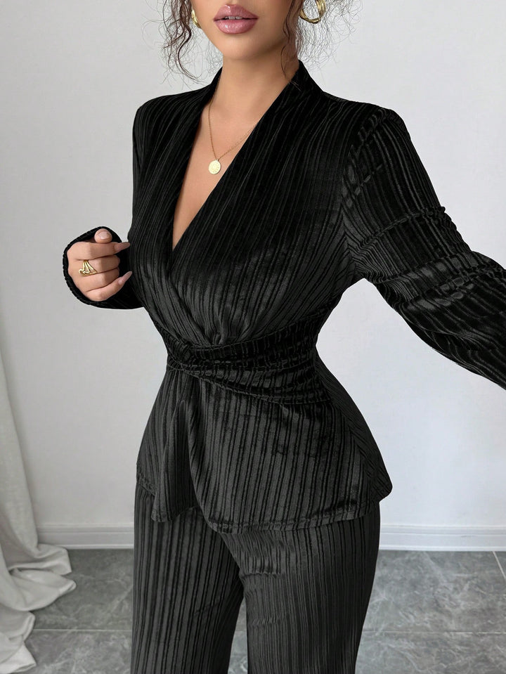 Elegant Pleated Velvet Trouser Set